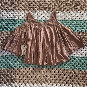 Mauve Pink Brown Cold Shoulder Bell Sleeve Peasant Tunic Top Shirt Womans Small